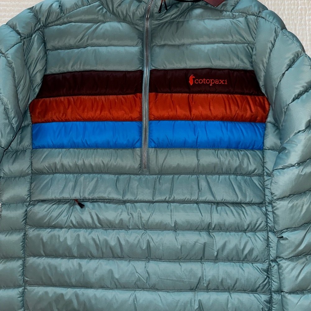 NWT Cotopaxi Fuego Down Pullover Men’s L Bluegrass Stripes $275 Retail